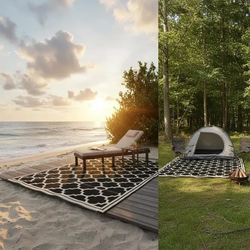 

Reversible Polypropylene Outdoor Rug Folding, Durable, Perfect for Camping, Deck & Beach Black