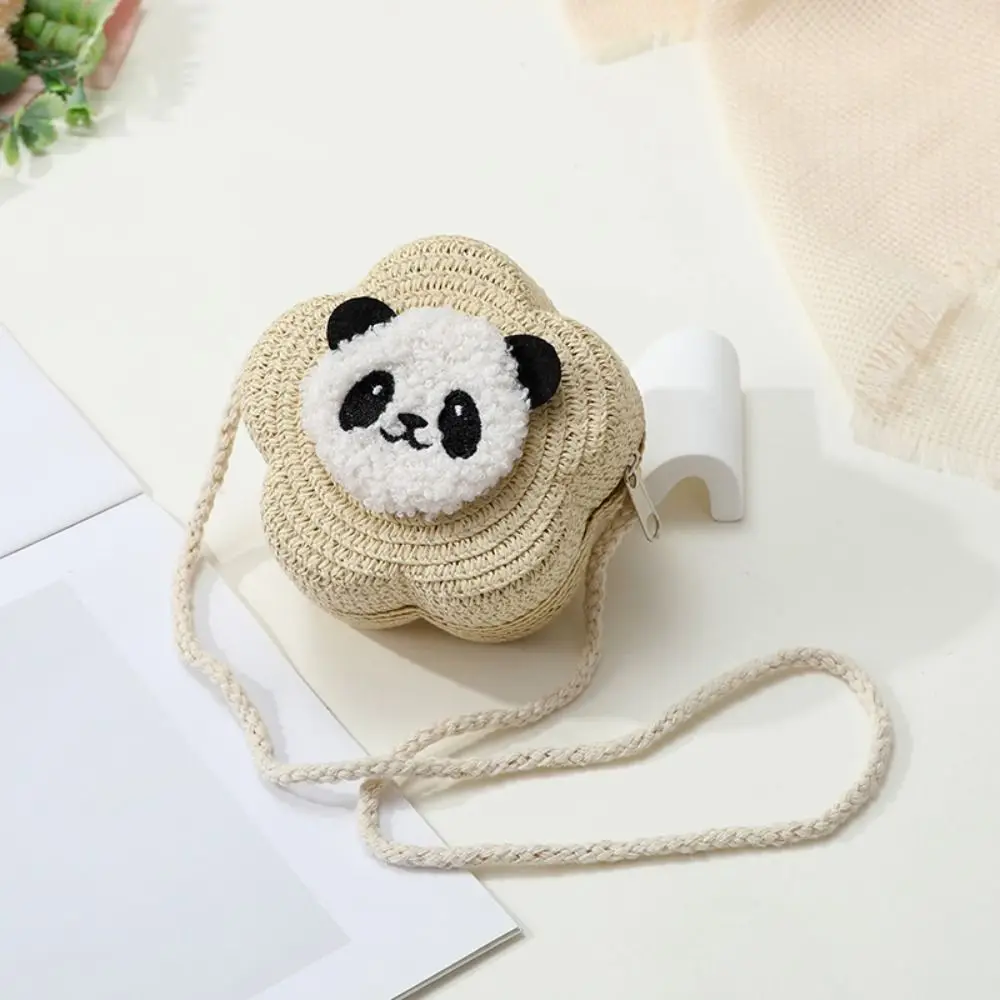 Hoge Kwaliteit Stro Geweven Crossbody Tas Schattige Panda Reizen Schoudertassen Creatieve Lichtgewicht Portemonnee