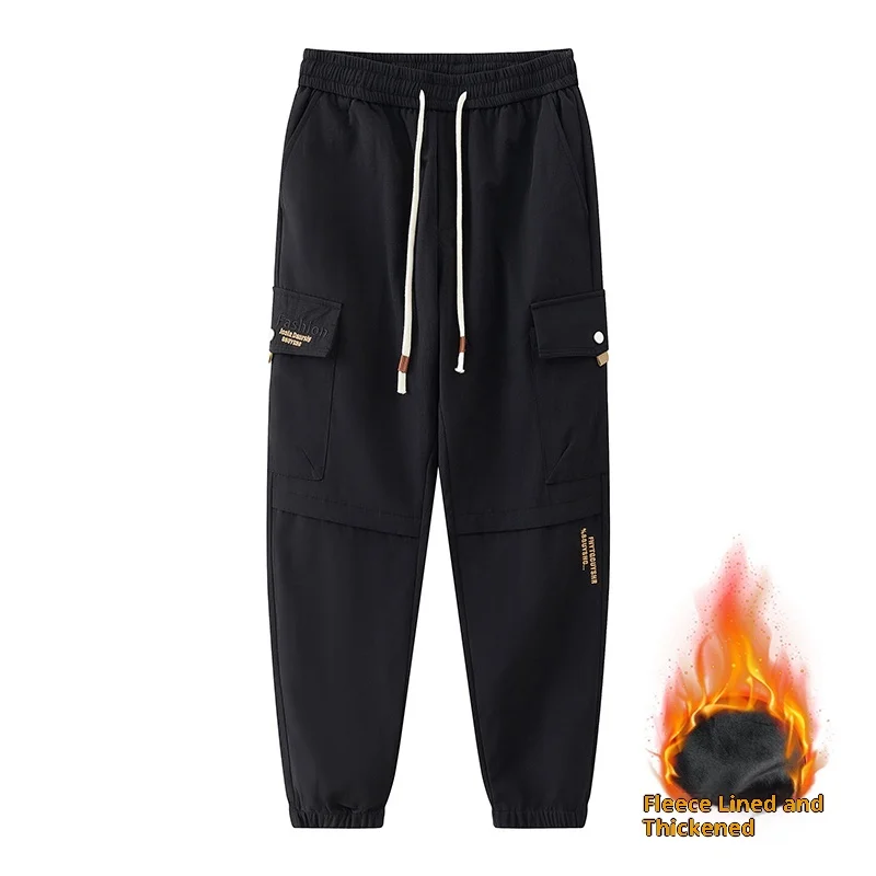 

1 Piece of Men's Fleece-Lined Thickened Warm Work Pants, Multi-Pocket Functional Style Drawstring Jogger Pants, Outdoor Windproof and Cold-Resistant Casual Pants, Plus-Size Trendy Men's Winter Essential Long Pants