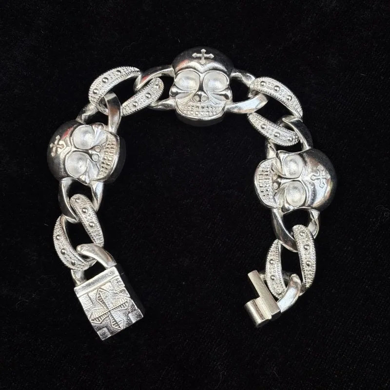 Vintage Carved Silver Plated Skull Bracelet for Men, Tibetan Silver, Punk Motorcycle Style, Thick Retro Cool Jewelry