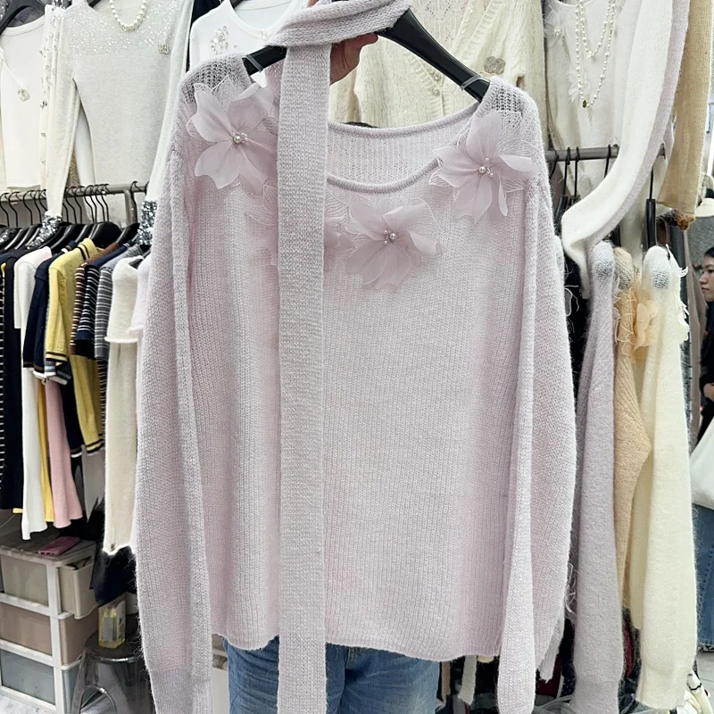 

Three-dimensional Flower Ribbon Knitted Sweater for Women Sweet Causal Long Sleeved Knitwear Top Autumn 2025 New