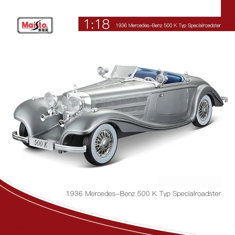 Maisto 1:18 Mercedes Benz 500k Grey White Classic Retro Vintage Car Model Simulation Alloy Car Model Collectibles Male Gift