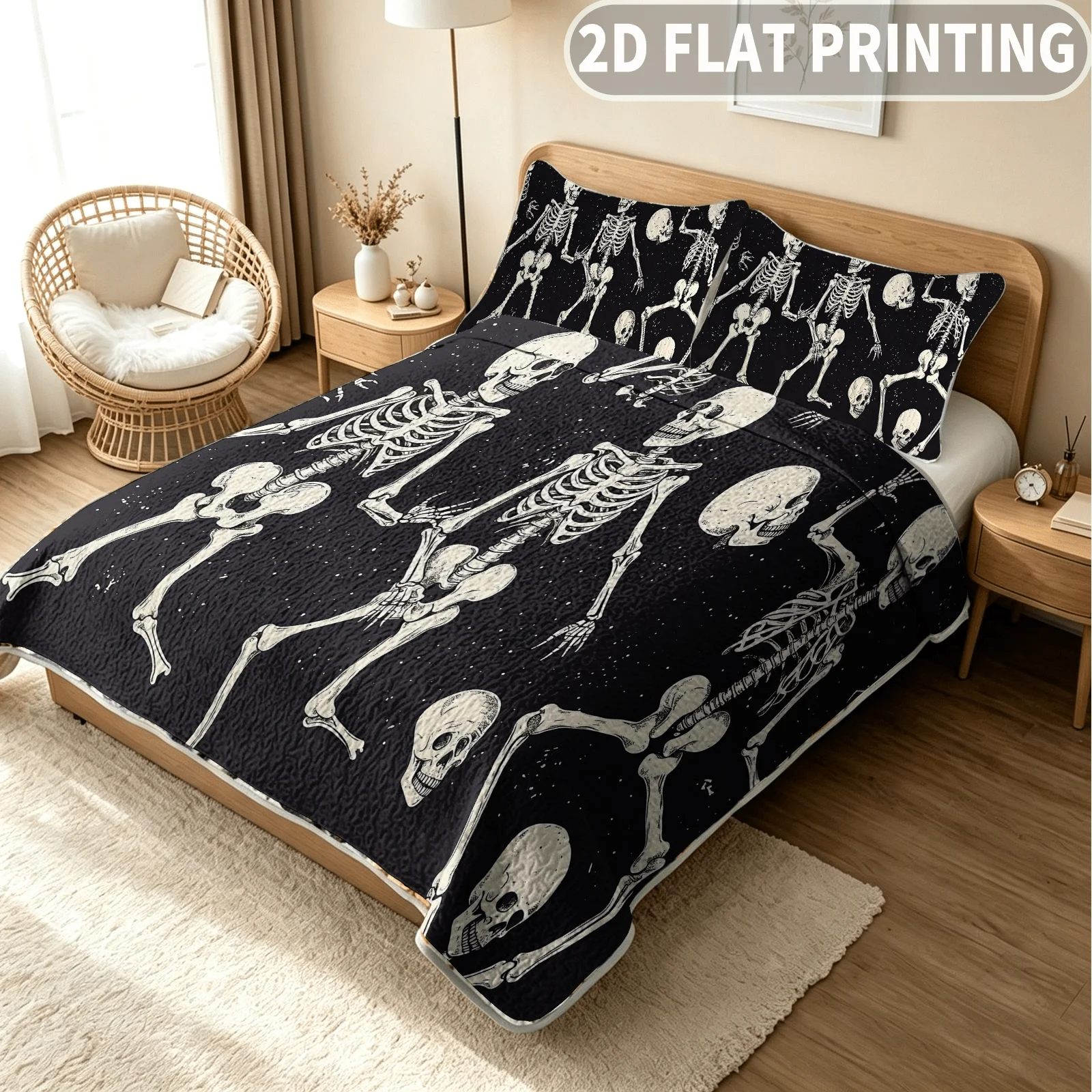 3pcs Quilted Durable Quilt Cover (1pc Quilt Bedspread + 2pcs Pillowcases Excluding Pillow Inserts) Skeletons and Skulls Printing