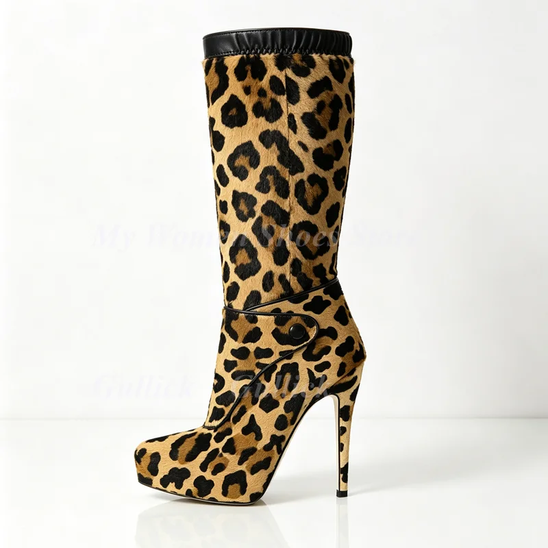 Leopard Platform Knee High Boots Slip On Stiletto Thin High Heel New Arrivals 2026 Trending Women Dress Shoes Handmade Slip On