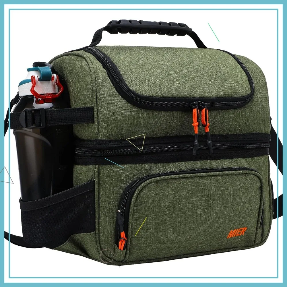 

Insulated Dual Compartment Lunch Bag with Shoulder Strap, Leakproof Cooler Tote for Men and Women in Army Green