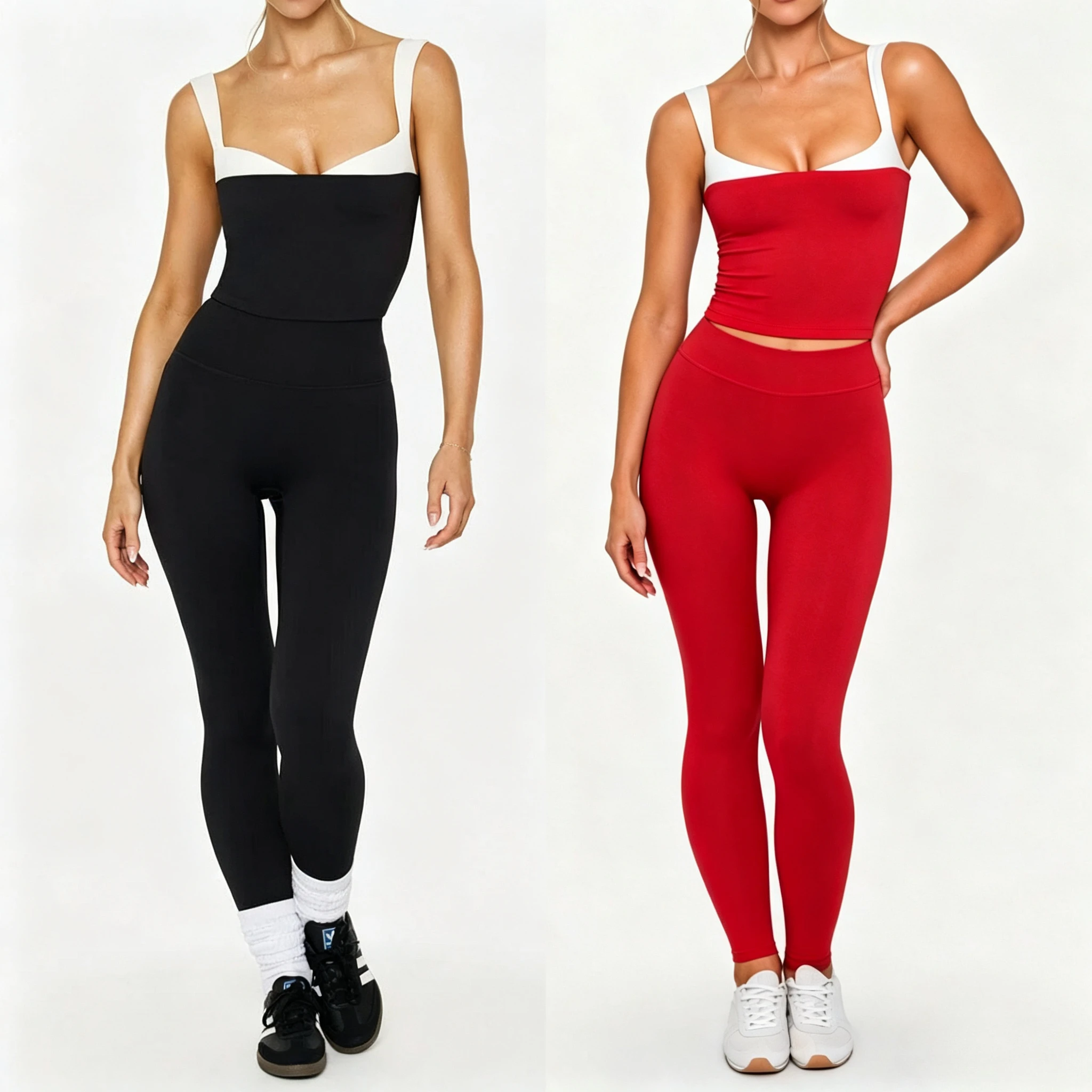 Women Yoga Set 2 Piece Contrast Color Square Neck Sports Crop Tank Top High Waist Leggings Workout Set Gym Fitness Sports Outfit