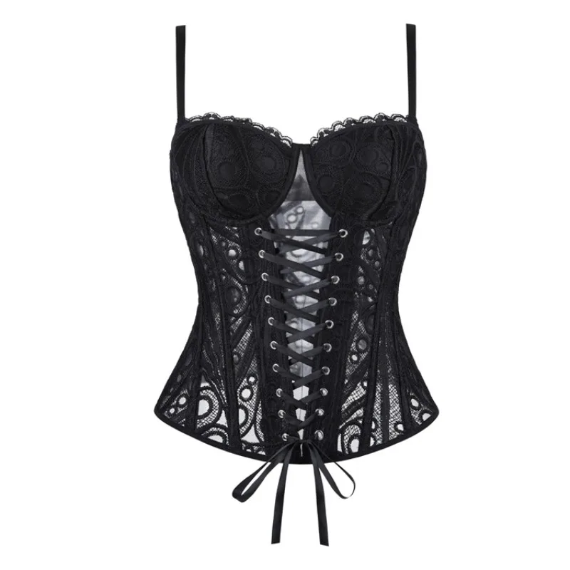 Gothic Sheer Lace Corset Top Spaghetti Strap Sweetheart Bustier Women Back Ribbon Waist Trainer Party Shaper