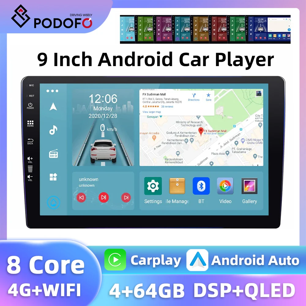 Podofo 8core 9'' Car Radio 4+64G Multimedia Player Carplay Android Auto 4G WIFI GPS Navigation Bluetooth DSP FM/AM/RDS Car Audio