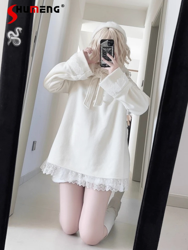 

Original Japanese Mines Style Subculture Detachable Habbit Ear Hooded Lace Spliced Loose Versatile Long Sweatshirt Top for Women