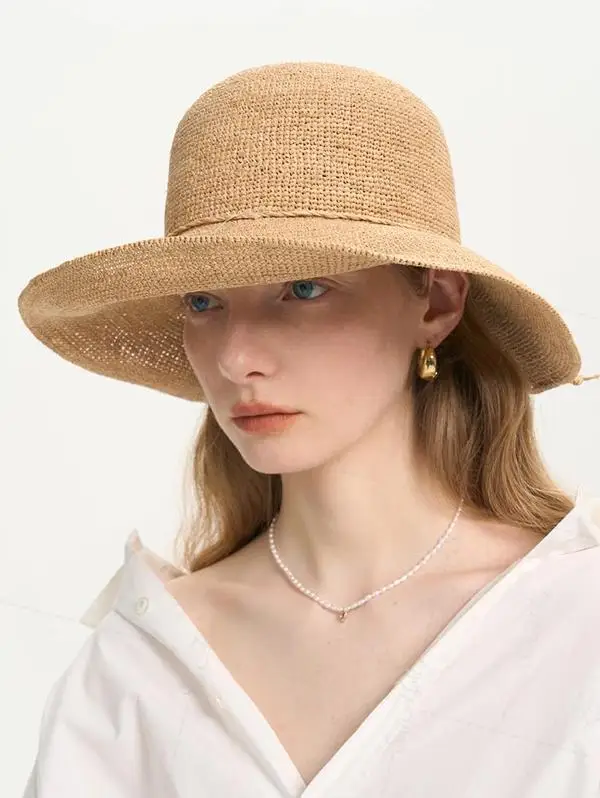 ZAFUL Women's Casual Fashion  Hand Crocheted Foldable Raffia Straw Bucket Hat