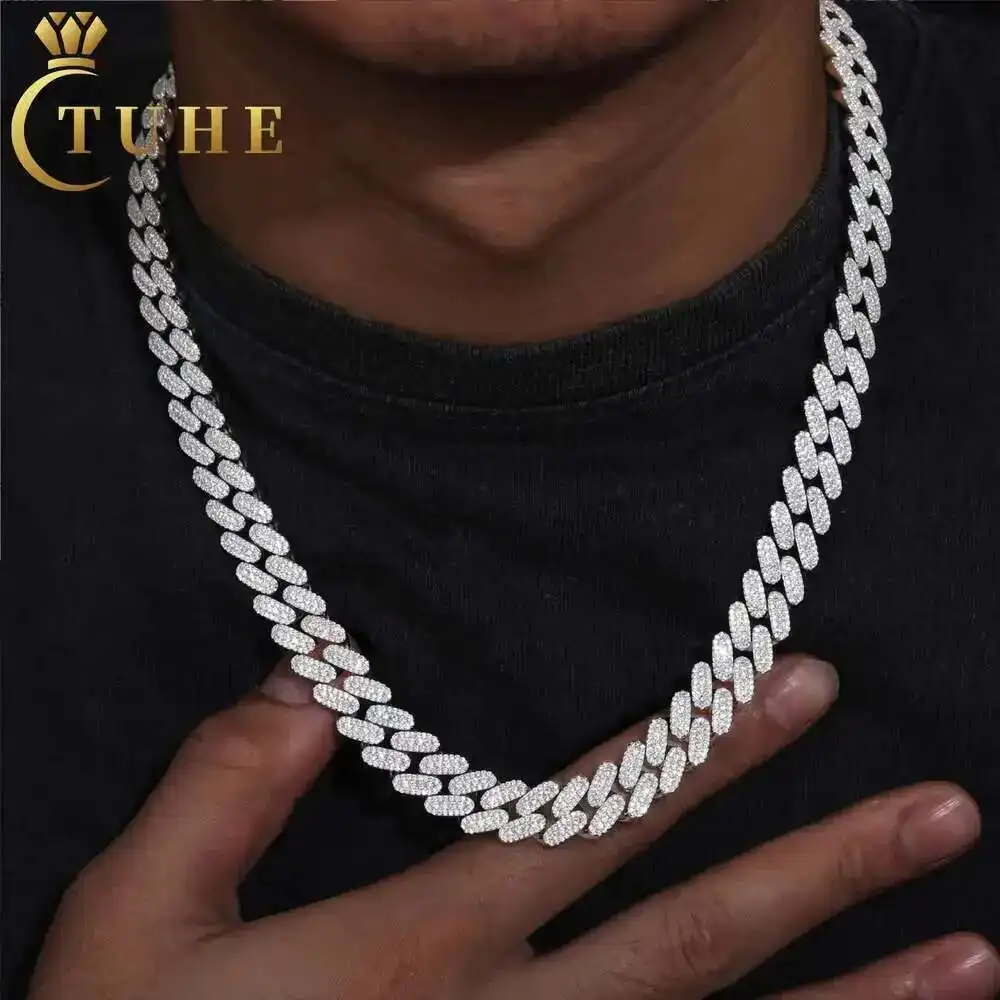 

Модные ювелирные изделия Rappers, установка зубца Vvs, муассанит, бриллиант Iced Out, 12 мм, кубинская цепочка из стерлингового серебра 925 пробы, ожерелье, ювелирные изделия