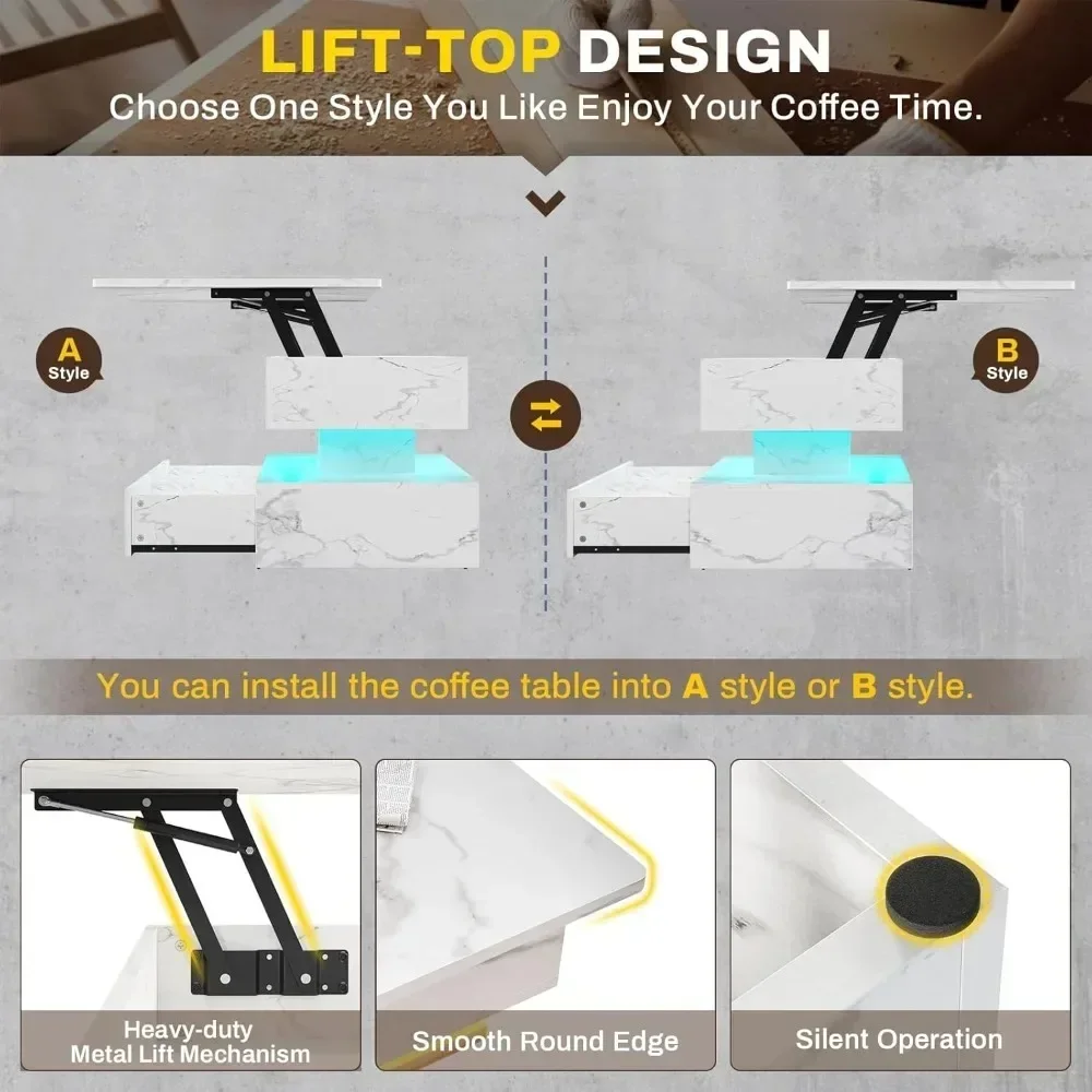 Mesa de centro elevatória de 40 polegadas, mesa de centro da sala de estar com armazenamento, mesa de centro pequena com 2 gavetas e luz LED