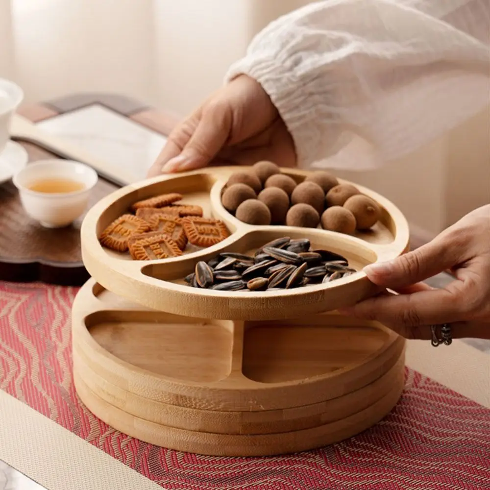 Round Wooden Divided Fruit Tray Multi-cell Nut Platter Food Storage Tray Wooden Handcrafted Snacks Server Dish