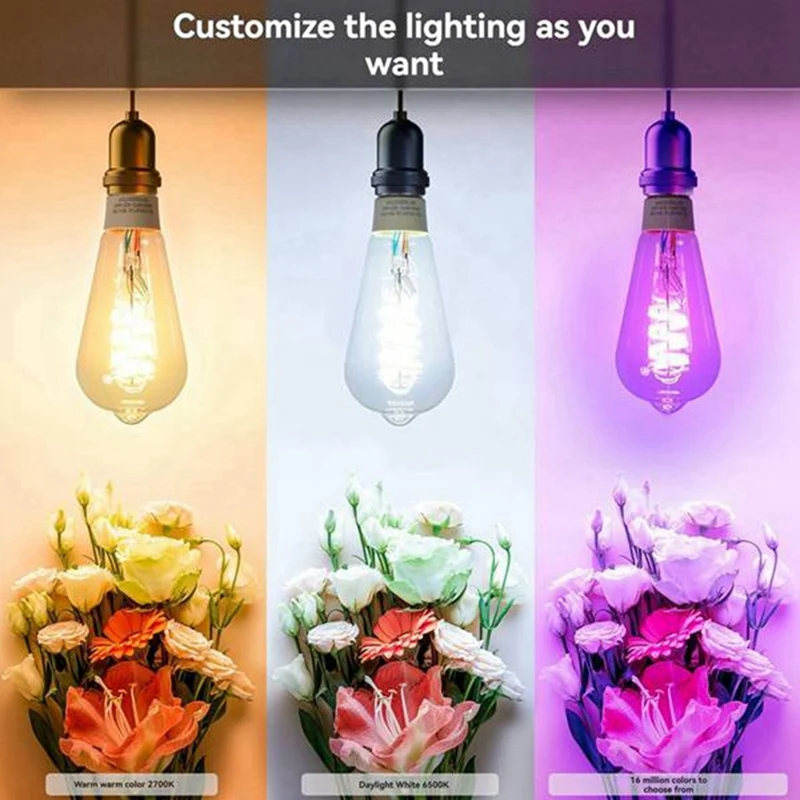 APPLIA-2Pcs Tuya Smart Wifi Lâmpadas ST64 LED Luz 16 milhões de cores RGB mudando 2700K-6500K regulável para Google Home