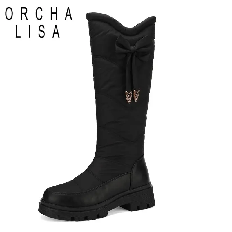 

ORCHA LISA 2025 New Women Winter Snow Boots Round Toe Thick Heels 5cm Slip On Bowknot Waterproof Plush Warm Knee High Bota 43 44