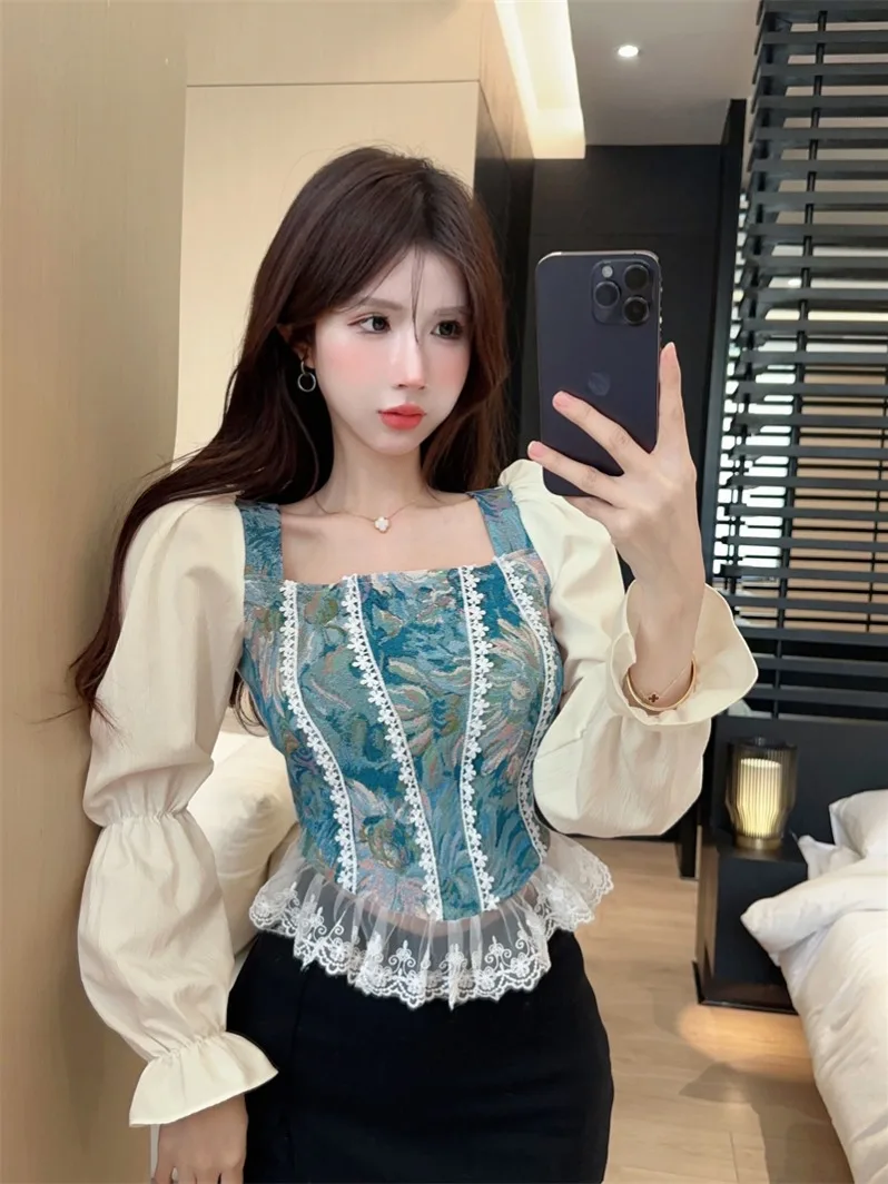 Vintage French Women Shirts Lace Lolita Elegant Long Sleeve Flounce Blouse High Quality Office Lady New Fashion Chic Female Tops