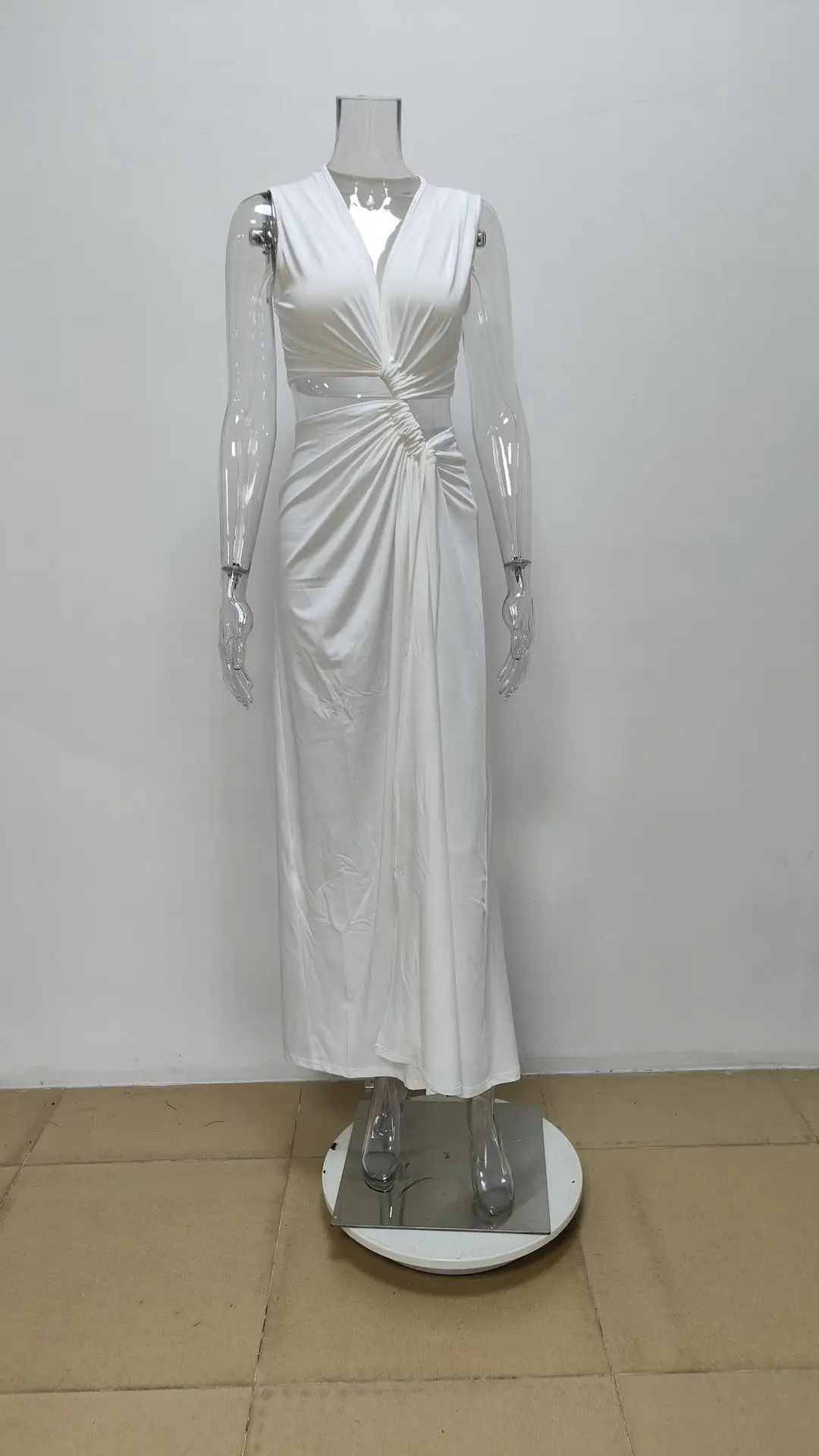 Neue Sommer Elegante Frauen Sexy Tiefem V Cut Out Schlitz Maxi Kleid Mode Lässig Ärmellose Taille Aushöhlen Outfits Dame Langes Kleid – Detail 5