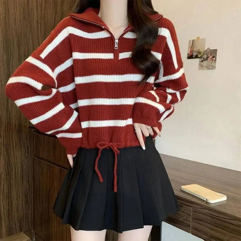 Y K Gestreepte Truien Dames Herfst Winter Halve Rits Kraagvorm Chique Gebreide Truien Vintage Contrast Streetwear Jumpers