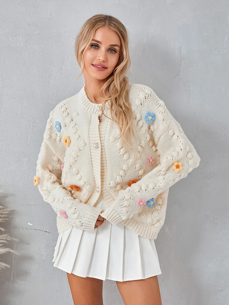 

Women Fashion 3D Flower Handmade Crochet Cardigan Embroidery Long Sleeve Sweater Button-Down Fall Casual Soft Knit Coat