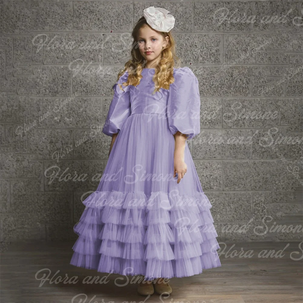Princess Puff Sleeve Tulle Pleat A Line Wedding Party Flower Girl Dress Bow Ankle Length First Communion Dress Customized