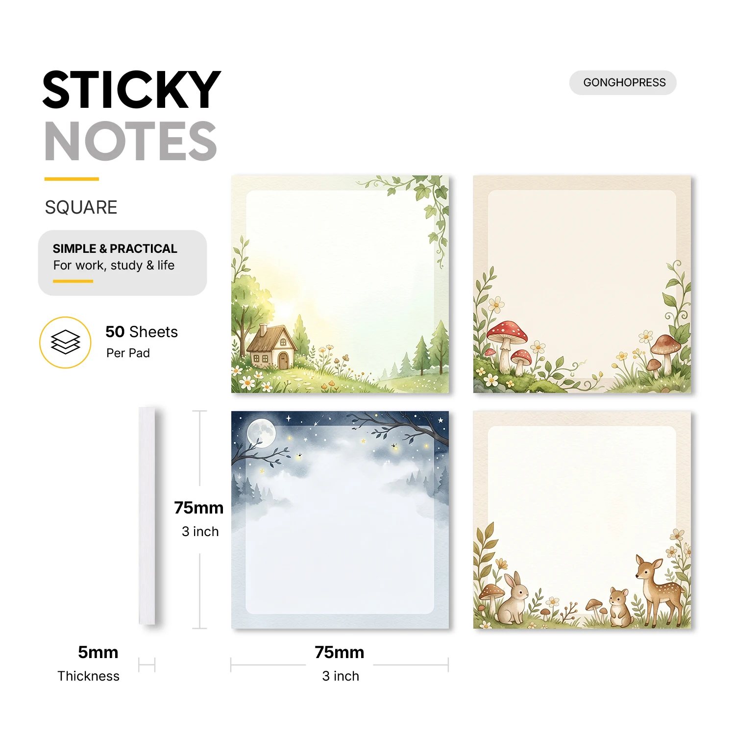 4pcs Woodland Animal Sticky Notes Set, Forest Deer Rabbit Mushroom Self Stick Memo Pads, 200 Sheets Total, Cute Nature Notepads