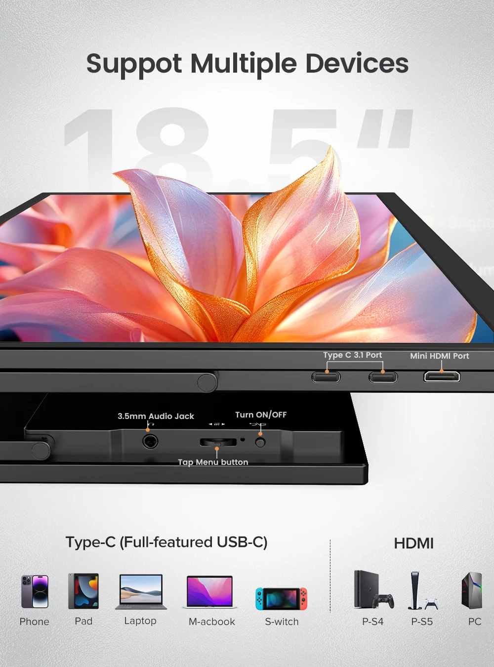 شاشة محمولة UPERFECT 120 هرتز مقاس 18.5 بوصة FHD HDR IPS شاشة كمبيوتر محمول HDMI USB C شاشة خارجية مع مكبرات صوت مزدوجة VESA