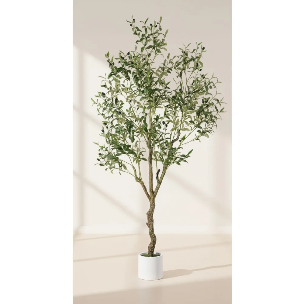 Olivo artificial de 6 pies con tronco realista y macetero blanco, planta de seda falsa para decoración del hogar, regalo de inauguración de la casa