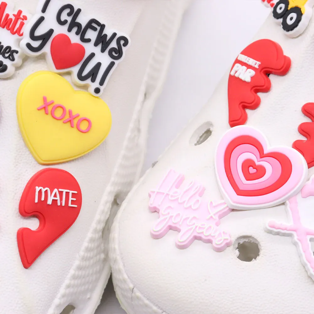 New Arrival 1pcs PVC Shoe Charms Fit Wristbands Flower Soul Mate Kiss Me Only You Happy Valentine's Day Hole Slipper Decoration