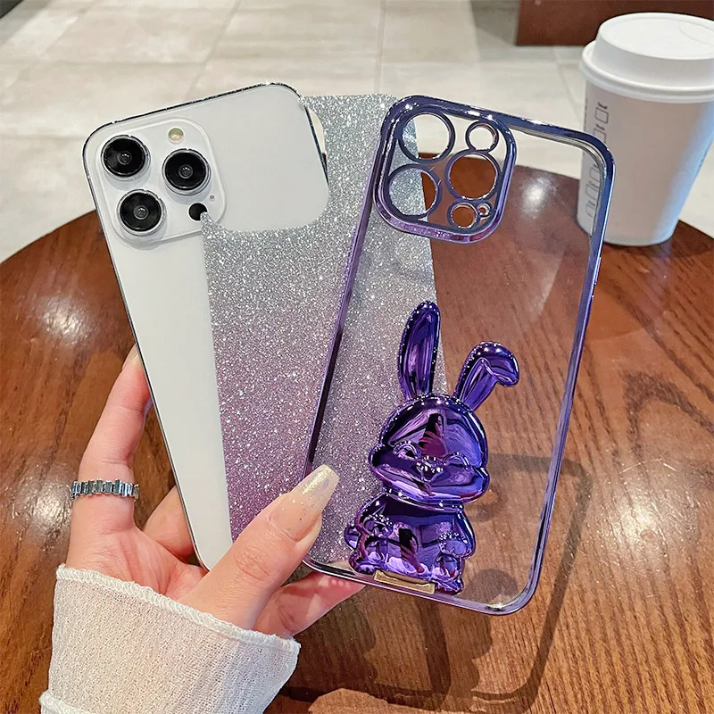 Glitter Rabbit luggage bracket Plating Phone Holder Case for Samsung Galaxy A02 A02S A03 A03S A04 A04E A05 A05S Back Cover