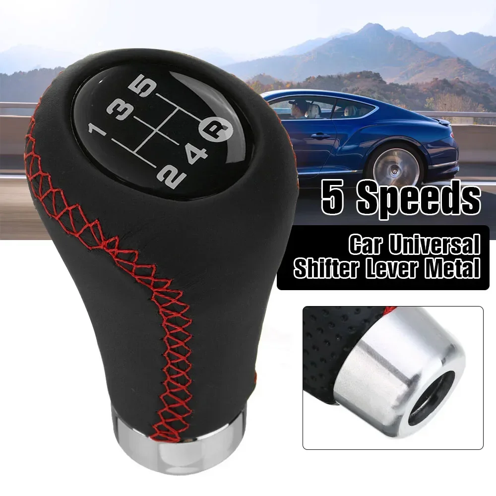 Universal Leather Red Stitch 5 Speed Manual Gear Shift Knob With 3 Adapters Hose Car Interior Transmission Mod Accessories
