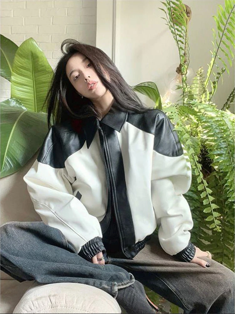 ريترو بلا اللون الأبيض بلو الجلود Jaet المرأة البيسبول Sle ملابس خارجية الخريف فضفاضة تناسب Faionable سستة إغلاق