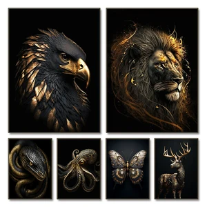 Black gold eagle lion painting on screen metal poster nordic wall art tig wolf swallow aesthetic image for room being decoration 10 Main Sales Aguia - №3