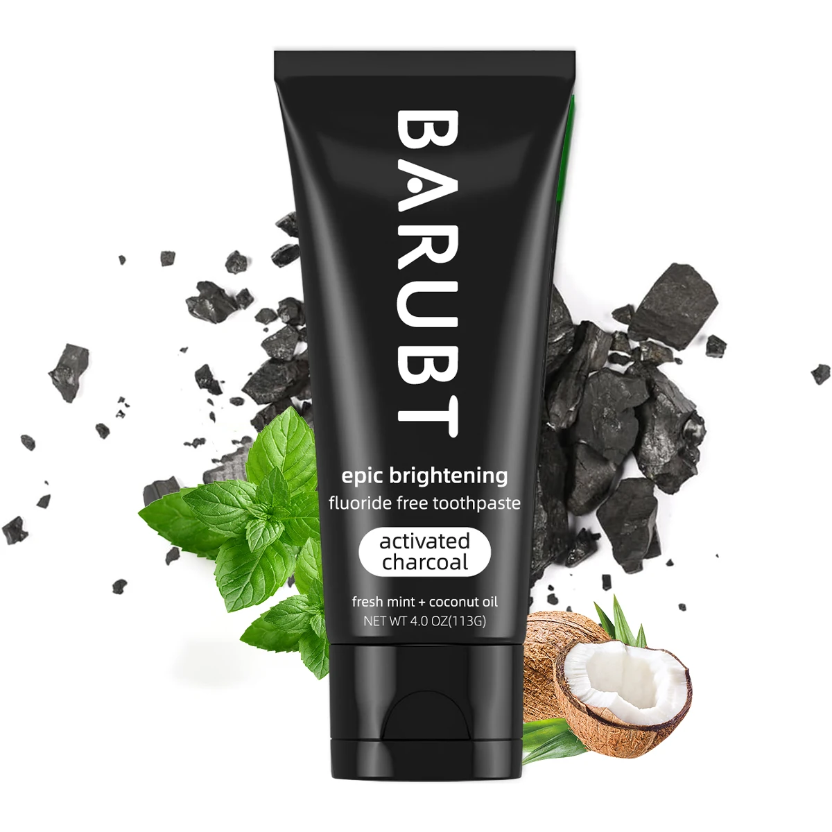 BARUBT activated carbon fluorine-free whitening toothpaste contains fresh mint and coconut oil to help remove dental spots