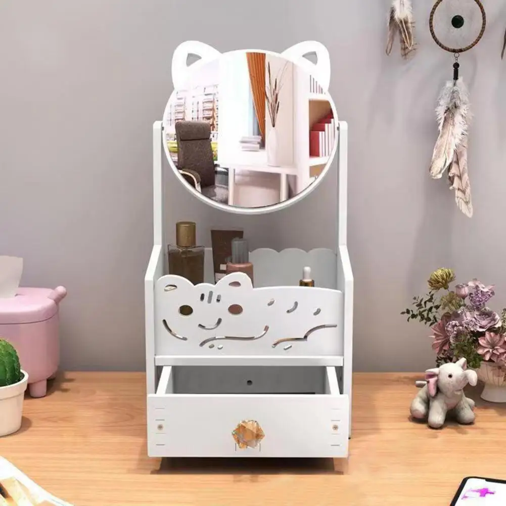 Bedroom Vanity Storage Box Cartoon Cat Makeup Organizer with Rotating Mirror Capacity Cosmetic Drawer Storage Box Vanity Mirror