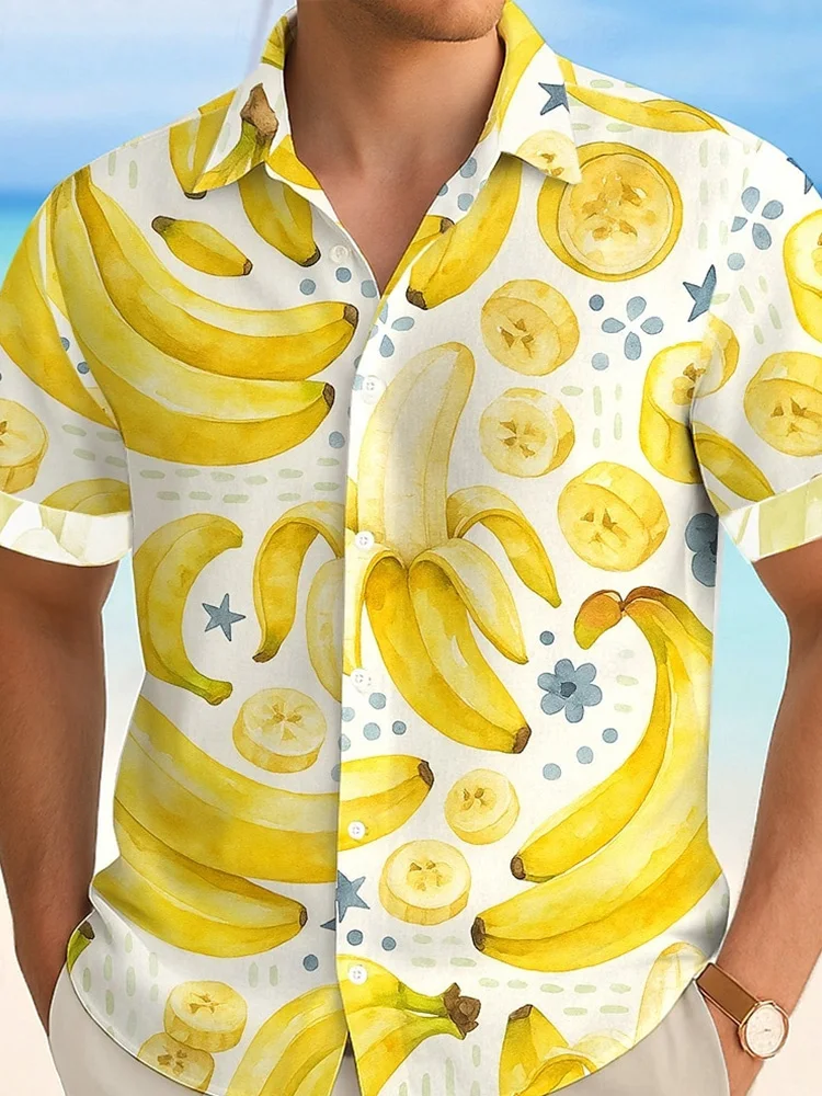 

Hawaii Outdoor Vacation Stylish Short-sleeved Shirt 3D Banana Print Beach Vacation Men's Shirt Summer Daily Casual Men's Shirt