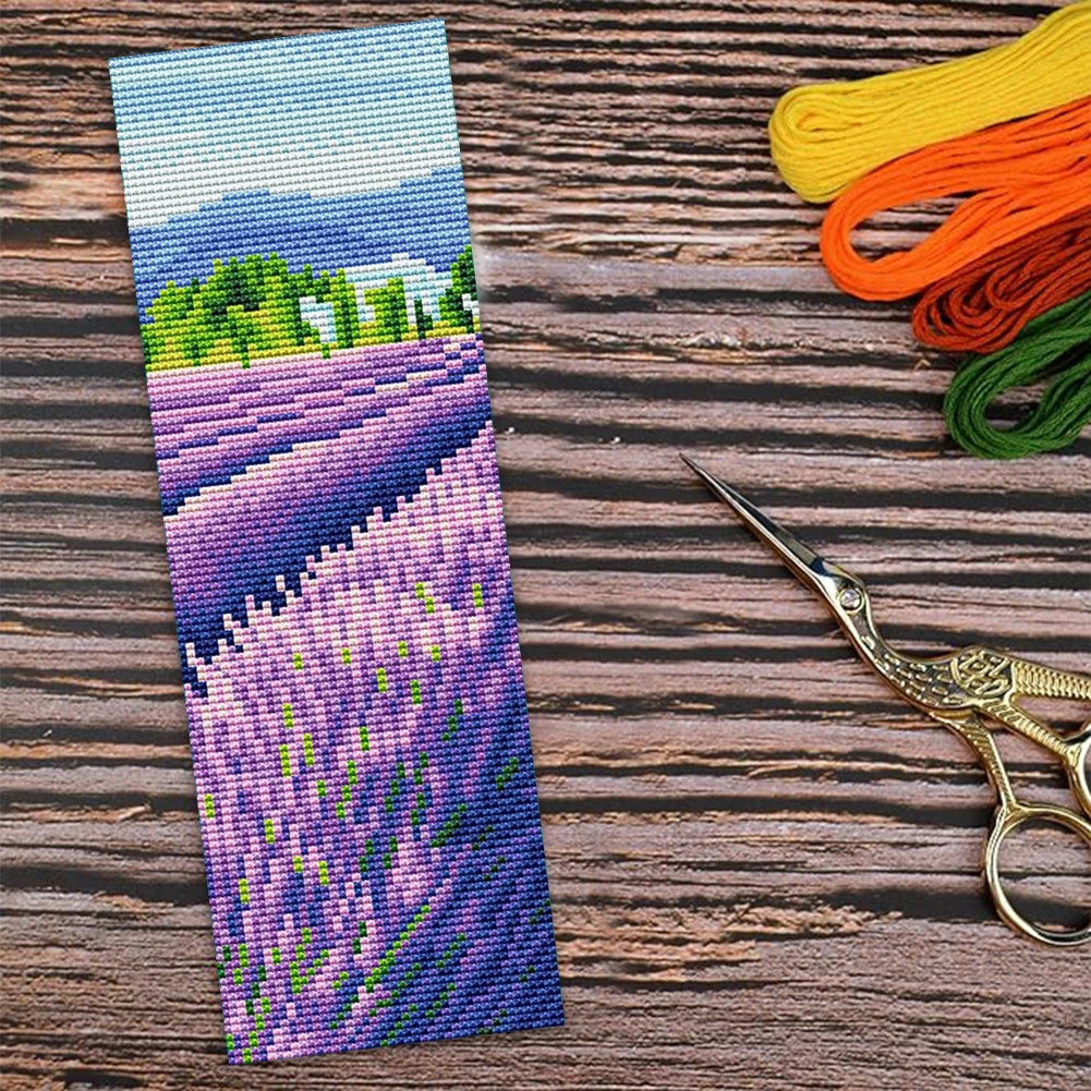 11CT Stamped Double-Sided Lavender Field Bookmark Making Kit 18x6cm Crossstitch Bookmark Art Projects for Kids Adults Beginners