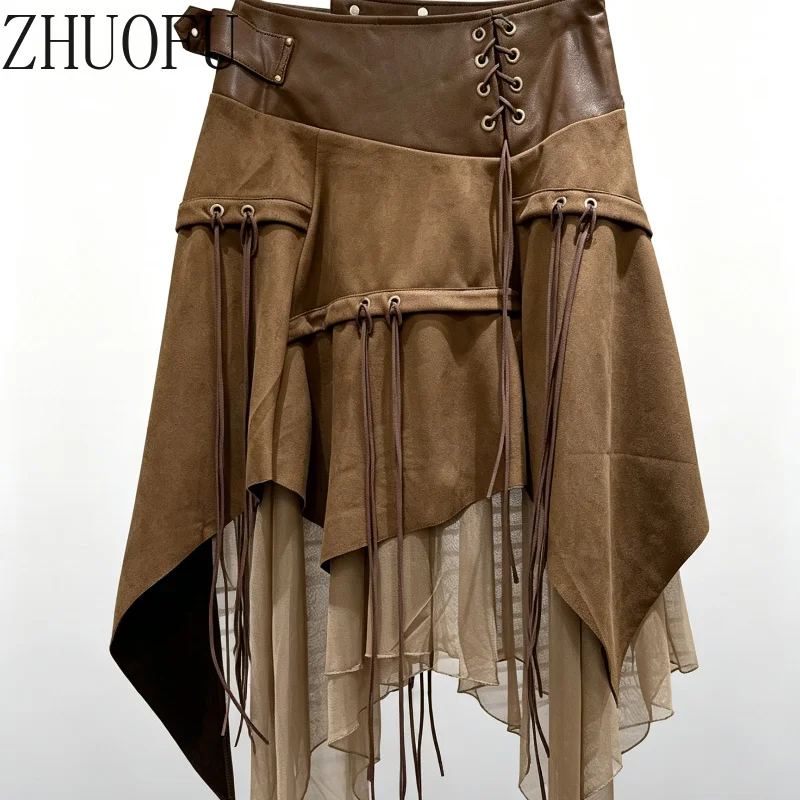 Vintage Gothic Women Skirt Faux Leather High Waist Lace‑Up Tassel Mesh Splicing Asymmetrical Hem Midi Skirts Street Style New