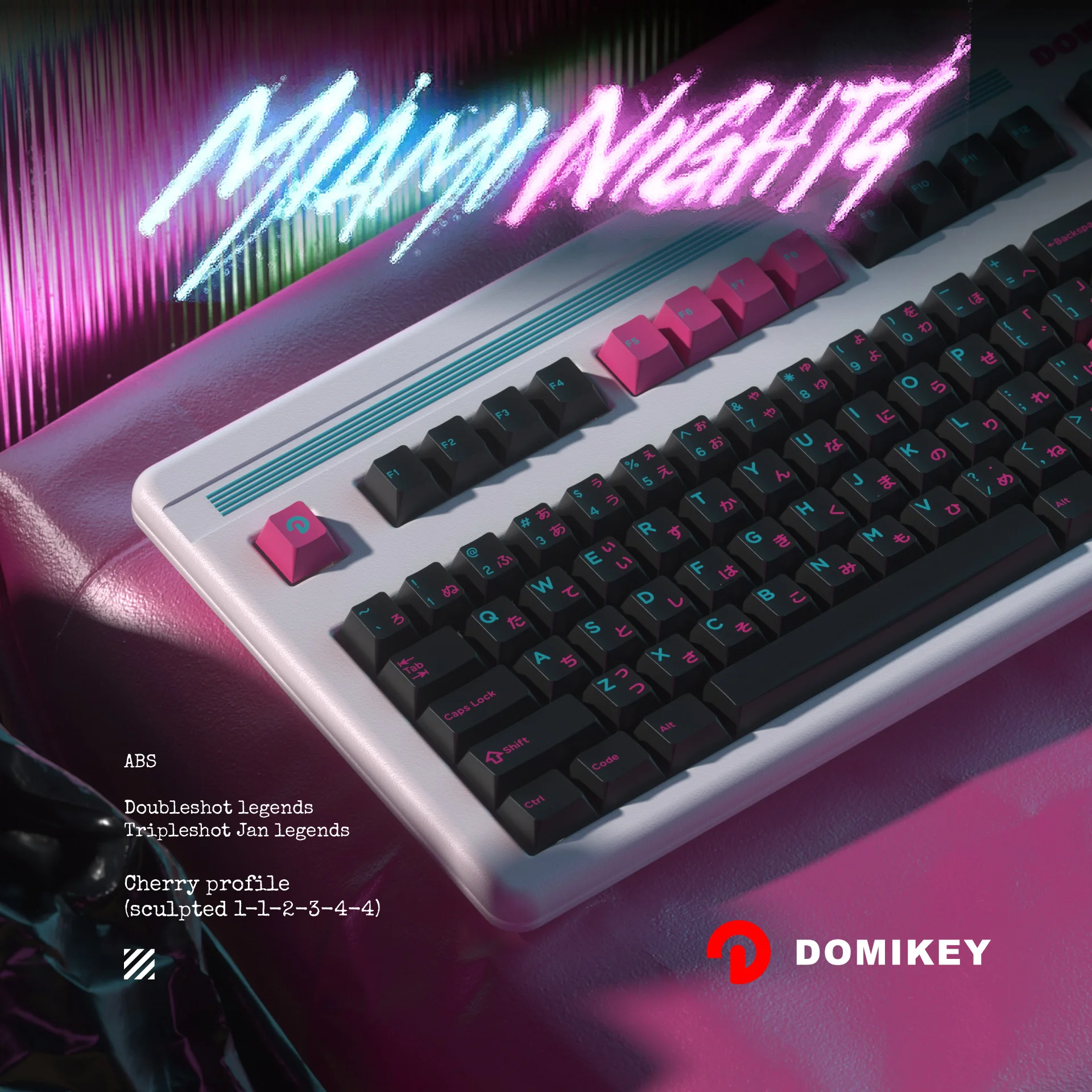 ‌DOMIKEY Miami Night ABS Keycaps – 2/3-Color Molded Japanese Sublegend, Cherry Profile Custom Keycaps for Mechanical Keyboards
