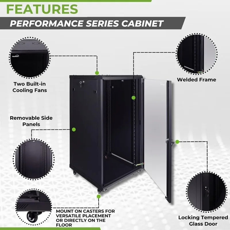 

22U Server Rack Cabinet with Casters 2 Fans Locking Glass Door Removable Side Panels 23.6 Inch Depth 19 Inch AV Equipment