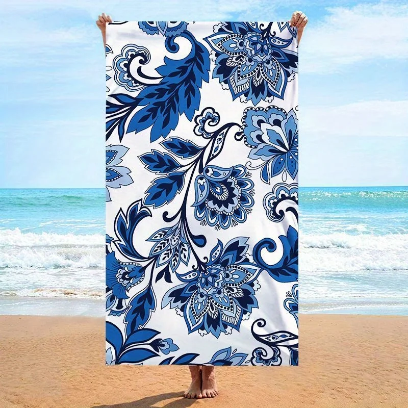 

Beach Towel Blue And White Floral Print Pattern Sun Protection And Windproof Suitable For Swimming Pool Camping Travel Blanket