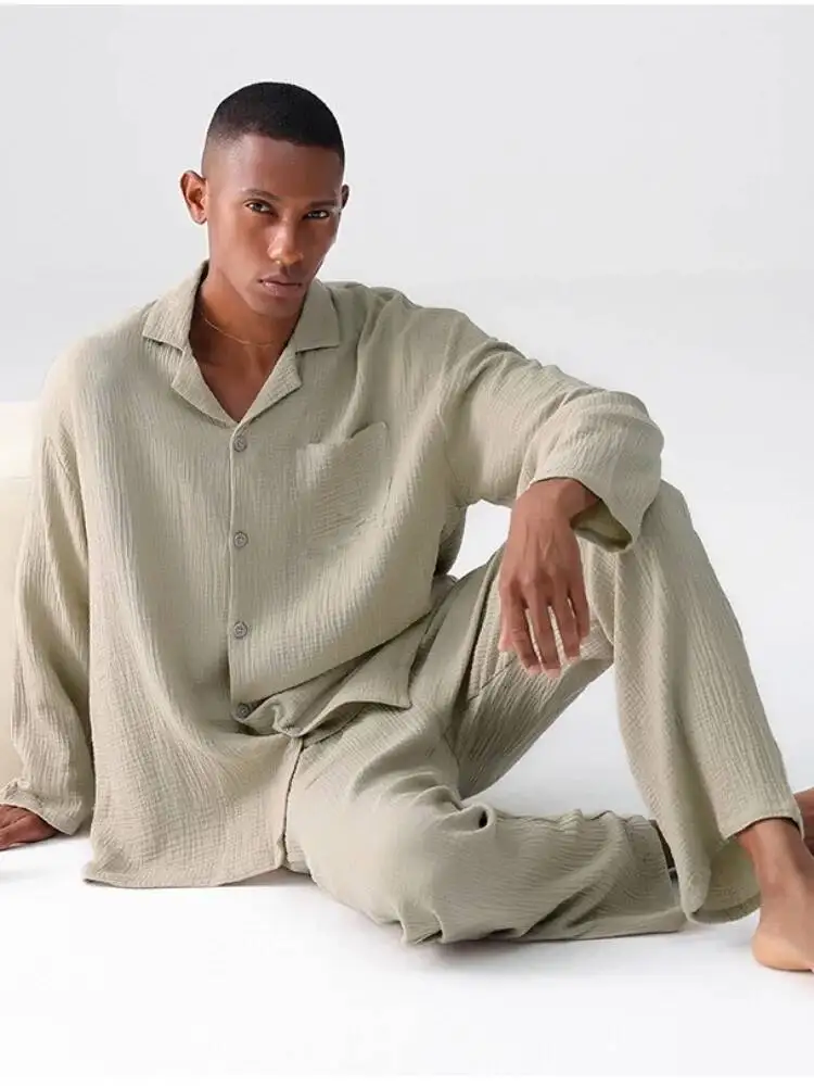 Men's Cotton Pajamas Set Spring Autumn Woven Gauze Long Sleeve Thin Set Winter Comfortable Loungewear