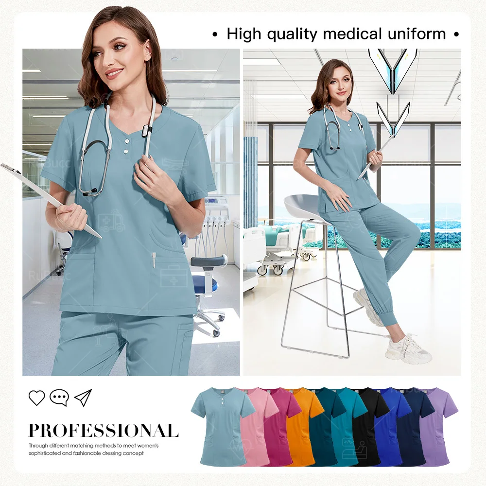 Enfermeira Médica Uniforme para Homens e Mulheres, Ternos Médicos, Conjunto de Esfoliante, Tops Modernos com Decote V e Calça, Vestuário Hospitalar, Alta Qualidade