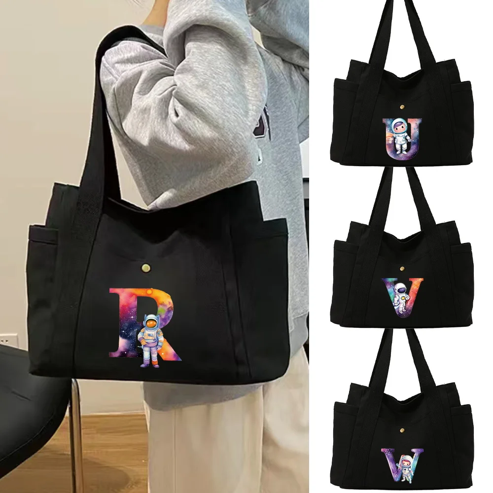 Women's Bag Handbags Black Commuter Tote Bags Astronaut Letter Printing Series Aesthetic Travel Canvas Organizers Bag Versatile