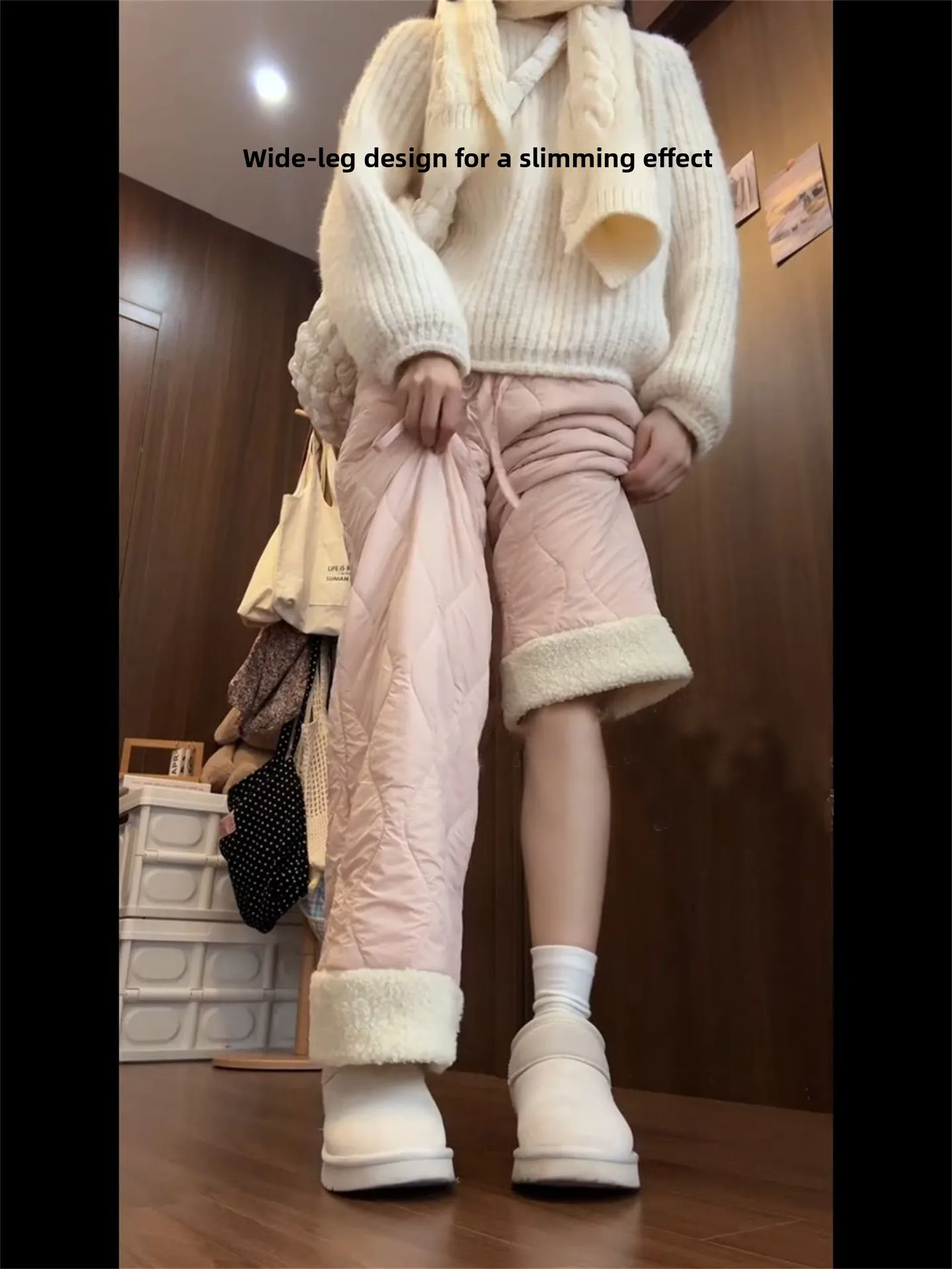 Roze katoenen fce gevoerde casual broek met rechte pijpen Warme comfortabele dames herfst winter hoge taille wijde pijpen broek