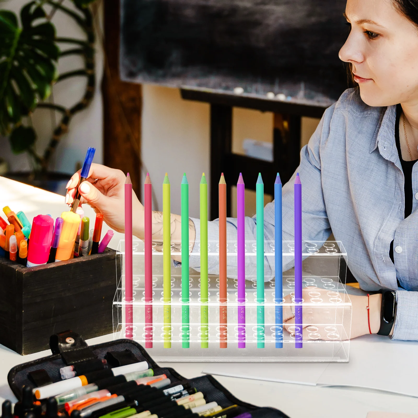 

Acrylic Pen Storage Stand Transparent Multi-Slot Stationery Display Organizer Brush Holder Makeup Pen Rack