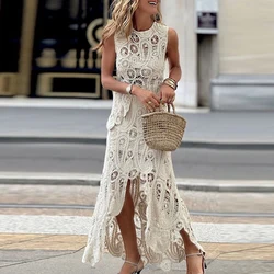 Elegant Crochet Hollow Lace 2Pc Suit Fashion O-neck Irregular Vest Top & Long Skirts Outfits Women Casual Sleeveless Solid Sets