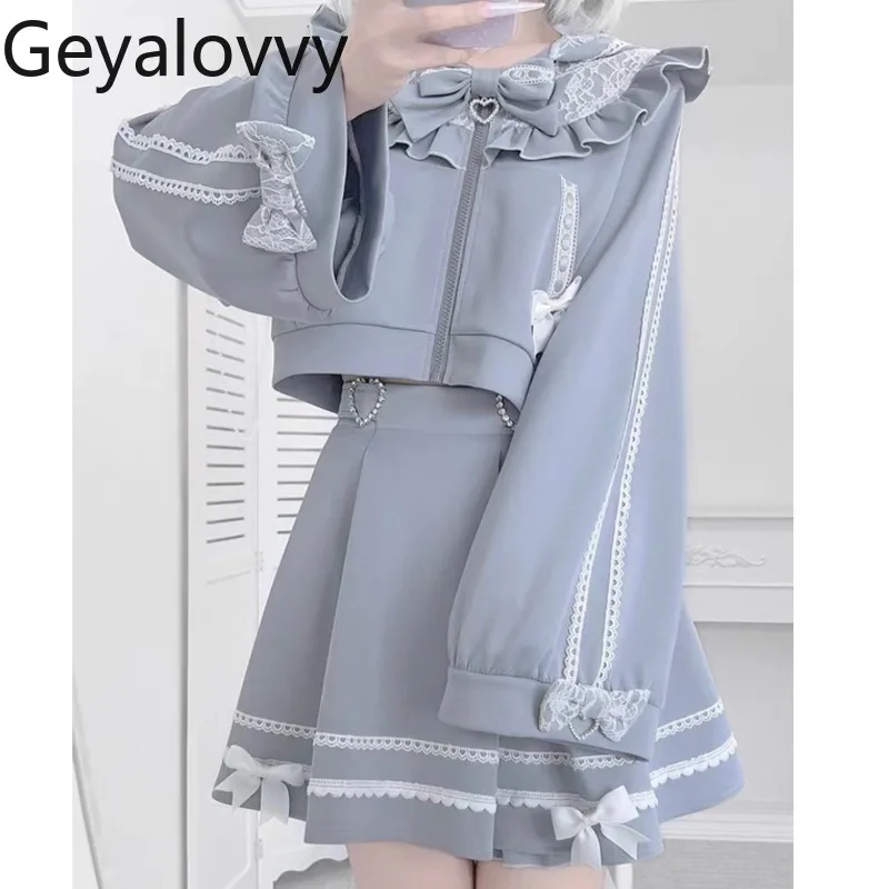 

Милая милая толстовка с капюшоном в японском стиле для женщин, осенне-зимний спортивный комплект акварельной куртки с длинными рукавами и короткой юбкой