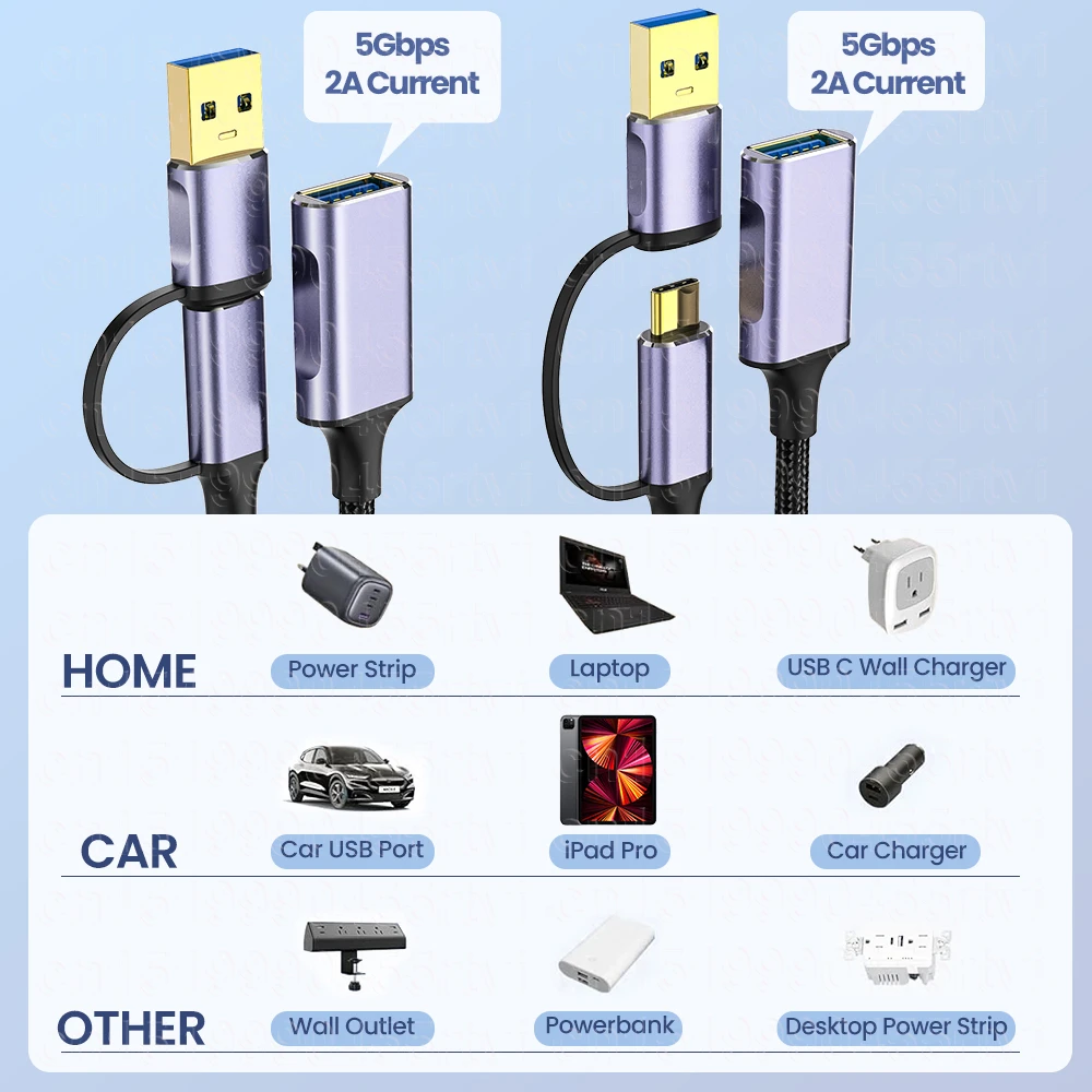 2in1 USB-A/Type-C to USB3.0 Cable USB Extension Cable Male to Female USB3.0 Extender Cord for PC TV USB Extension Data Cable 2m