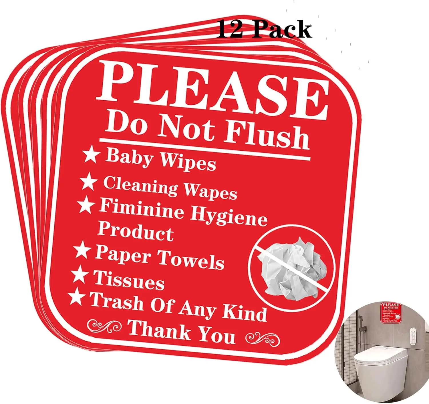 6 Inch Please Do Not Flush Sign Please Do Not Flush Anything Except Toilet Paper Sign for Bathroom Door/Wall 12Pcs