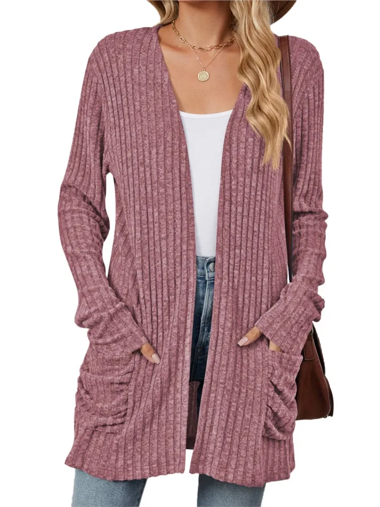 2024 Autumn Winter Women\'s New Solid Color Pocket Long Sleeve Bottom Collarless Cardigan Casual Loose Knitted Shirt In Stock